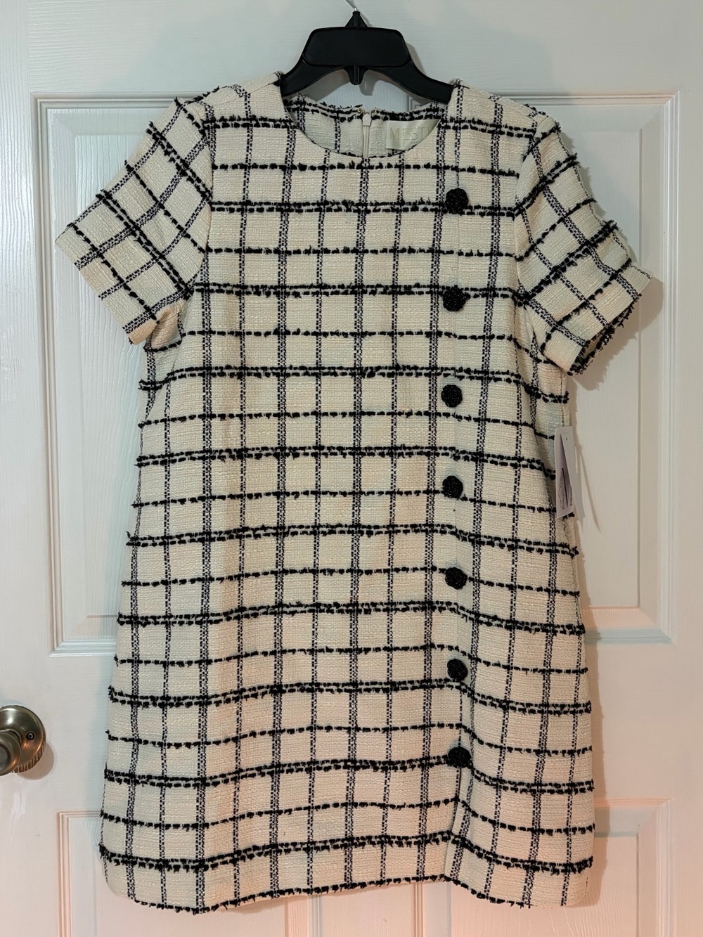 Short-Sleeve Tweed A-Line Dress - Cream & Black